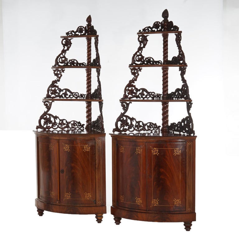 Antique Pair of Mahogany Inlaid, Pierced & Carved Corner Curio Cabinet c1870