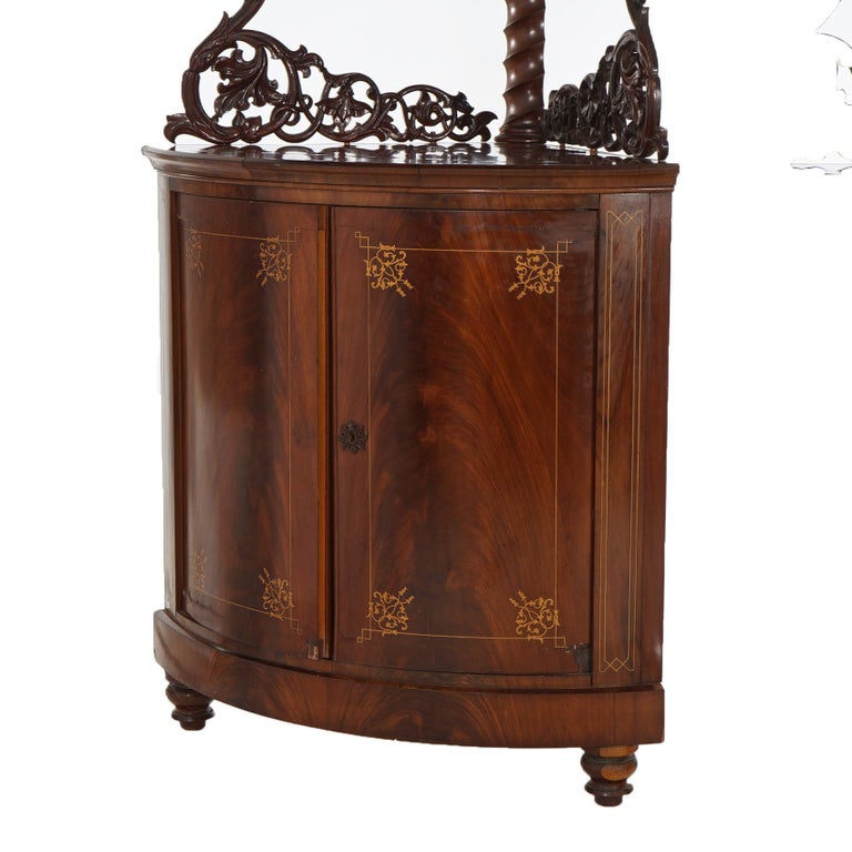 Antique Pair of Mahogany Inlaid, Pierced & Carved Corner Curio Cabinet c1870