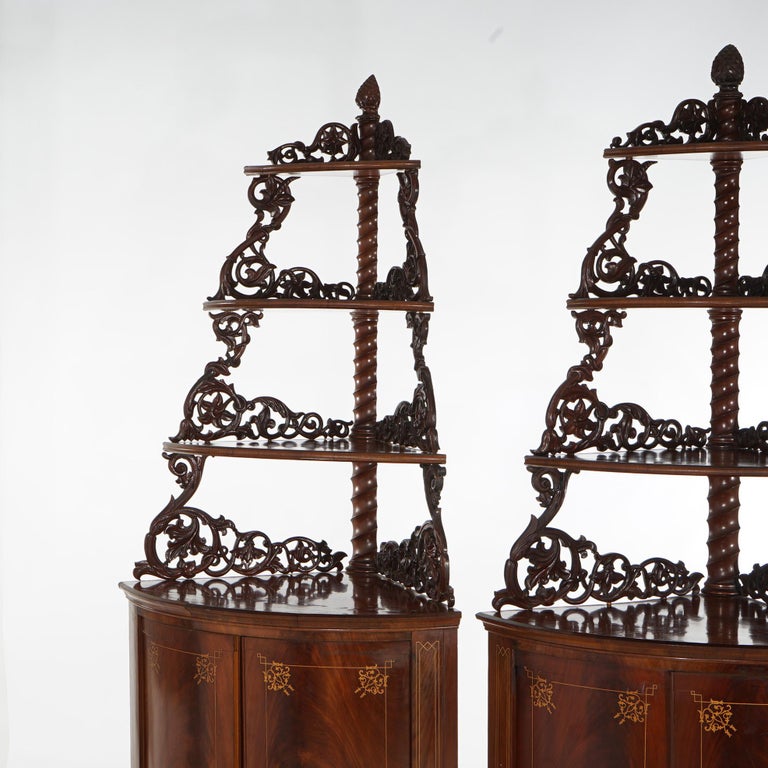 Antique Pair of Mahogany Inlaid, Pierced & Carved Corner Curio Cabinet c1870