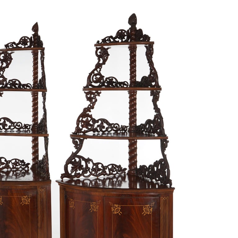 Antique Pair of Mahogany Inlaid, Pierced & Carved Corner Curio Cabinet c1870