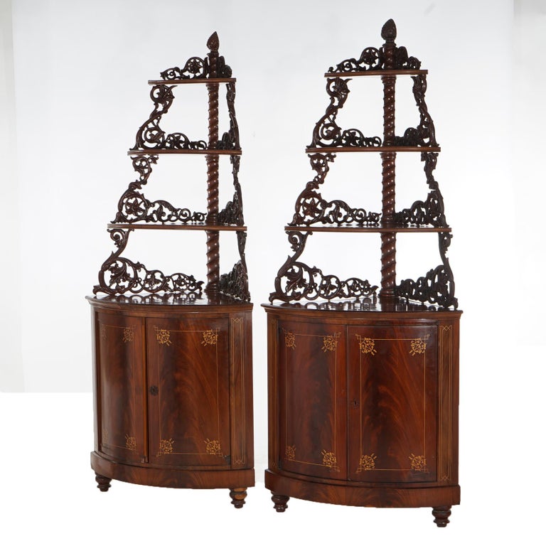 Antique Pair of Mahogany Inlaid, Pierced & Carved Corner Curio Cabinet c1870
