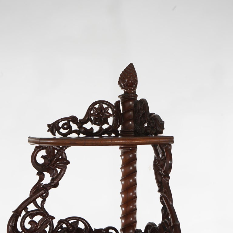 Antique Pair of Mahogany Inlaid, Pierced & Carved Corner Curio Cabinet c1870
