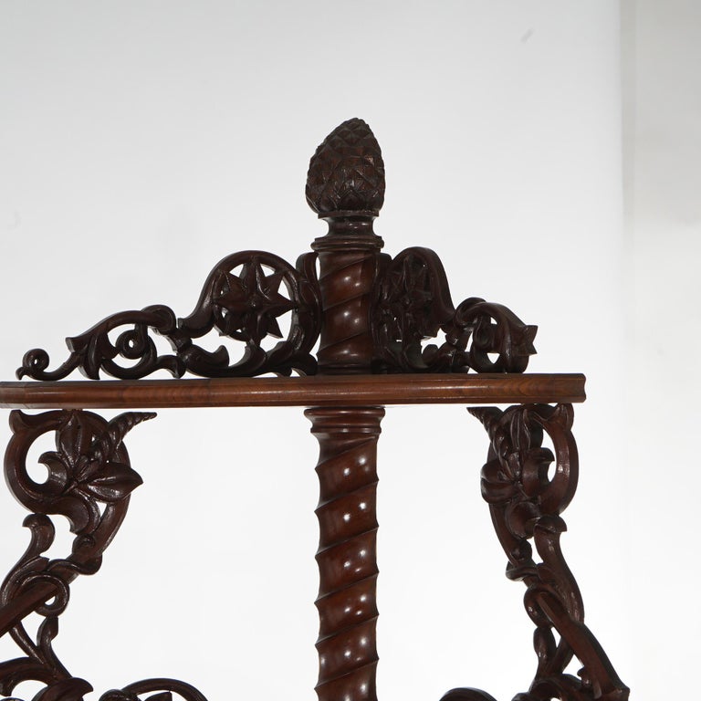 Antique Pair of Mahogany Inlaid, Pierced & Carved Corner Curio Cabinet c1870