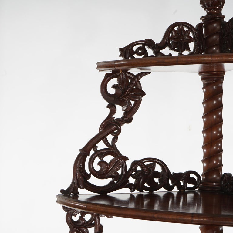 Antique Pair of Mahogany Inlaid, Pierced & Carved Corner Curio Cabinet c1870