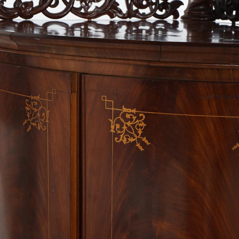 Antique Pair of Mahogany Inlaid, Pierced & Carved Corner Curio Cabinet c1870