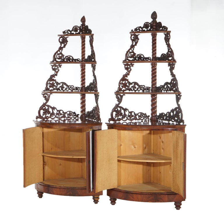 Antique Pair of Mahogany Inlaid, Pierced & Carved Corner Curio Cabinet c1870