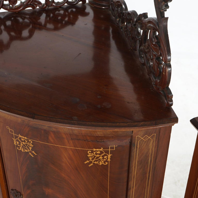 Antique Pair of Mahogany Inlaid, Pierced & Carved Corner Curio Cabinet c1870