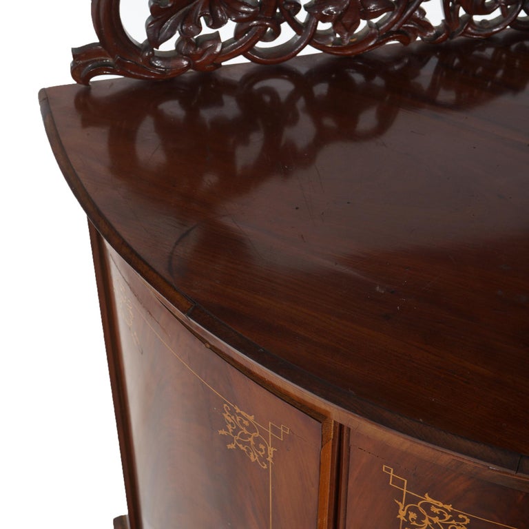 Antique Pair of Mahogany Inlaid, Pierced & Carved Corner Curio Cabinet c1870