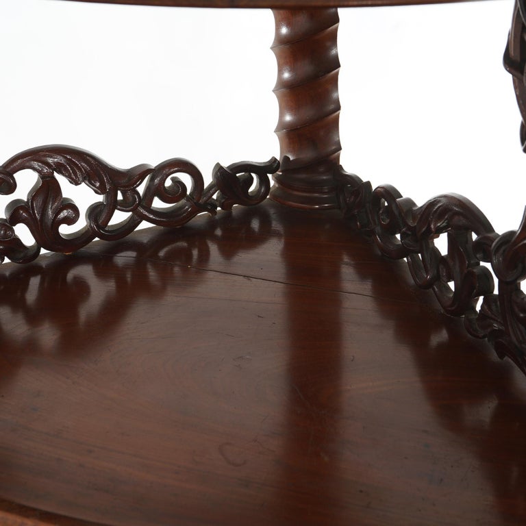 Antique Pair of Mahogany Inlaid, Pierced & Carved Corner Curio Cabinet c1870