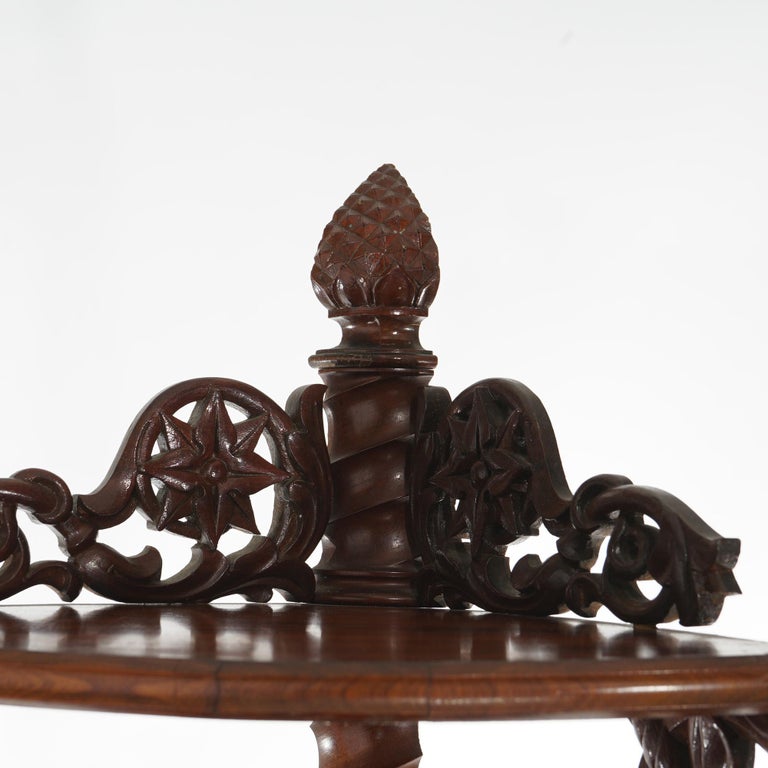 Antique Pair of Mahogany Inlaid, Pierced & Carved Corner Curio Cabinet c1870