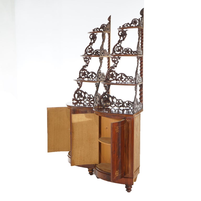 Antique Pair of Mahogany Inlaid, Pierced & Carved Corner Curio Cabinet c1870