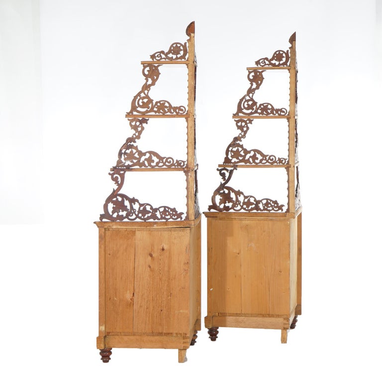 Antique Pair of Mahogany Inlaid, Pierced & Carved Corner Curio Cabinet c1870