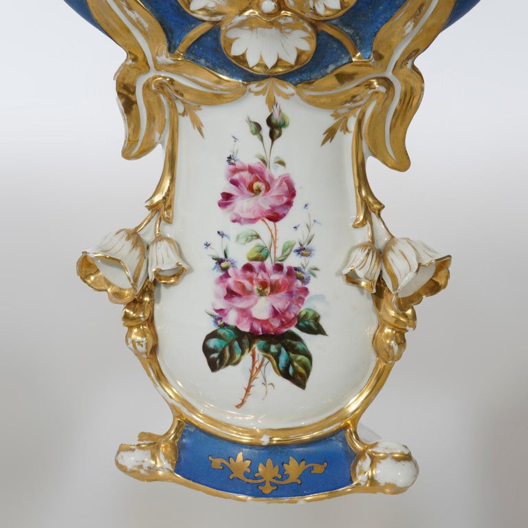 Antique French Blue Old Paris Porcelain Hand Painted & Gilt Floral Vase 19th C