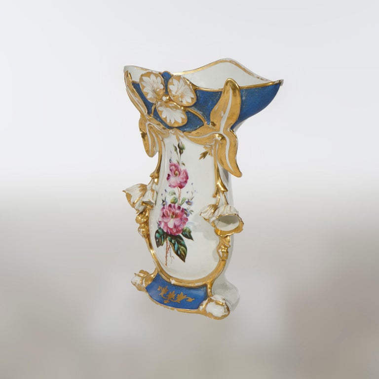 Antique French Blue Old Paris Porcelain Hand Painted & Gilt Floral Vase 19th C