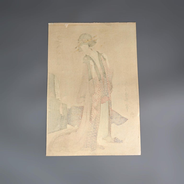 Four Antique Japanese Woodblock Prints & Antique Signed Watercolor
