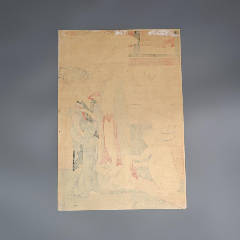 Four Antique Japanese Woodblock Prints & Antique Signed Watercolor