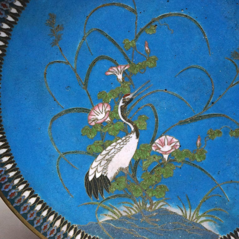 Japanese Meiji Cloisonne Enameled Figural Charger With Marsh Scene & Heron 20thC