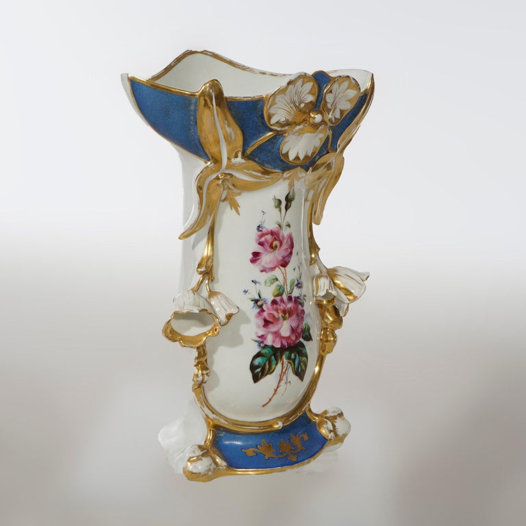 Antique French Blue Old Paris Porcelain Hand Painted & Gilt Floral Vase 19th C