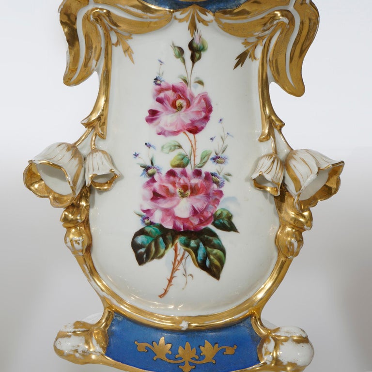 Antique French Blue Old Paris Porcelain Hand Painted & Gilt Floral Vase 19th C