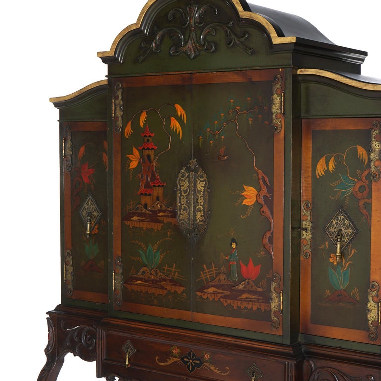 Antique French Style Carved Mahogany Polychromed Chinoiserie Decorated
