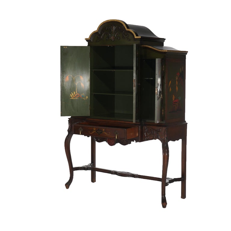 Antique French Style Carved Mahogany Polychromed Chinoiserie Decorated