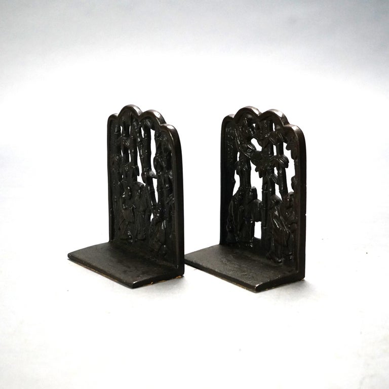 Pair of Chinese Cast Bronze Bookends with Figures & Bamboo, C1920