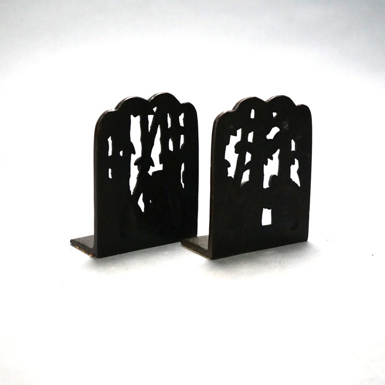 Pair of Chinese Cast Bronze Bookends with Figures & Bamboo, C1920
