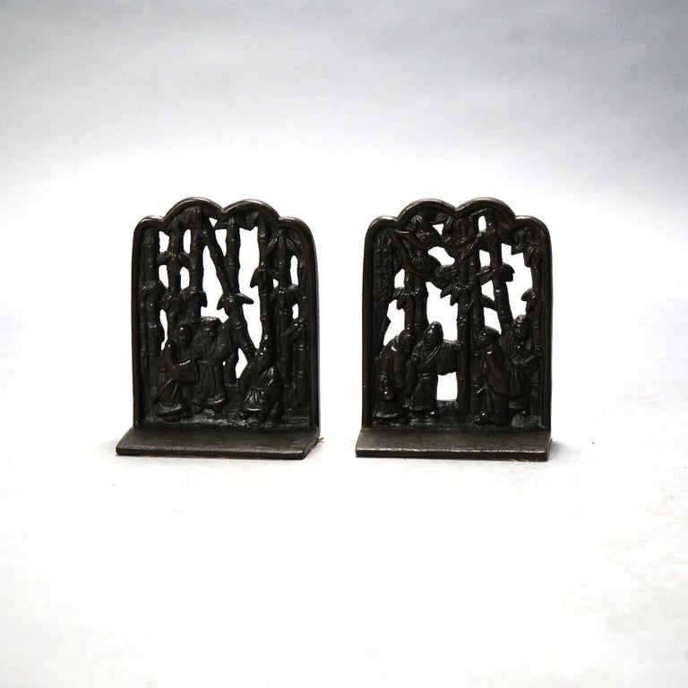 Pair of Chinese Cast Bronze Bookends with Figures & Bamboo, C1920