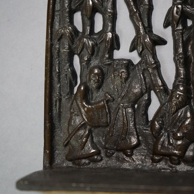 Pair of Chinese Cast Bronze Bookends with Figures & Bamboo, C1920