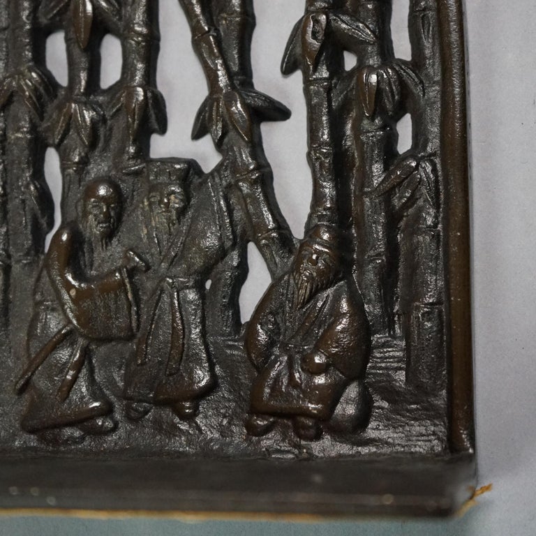 Pair of Chinese Cast Bronze Bookends with Figures & Bamboo, C1920