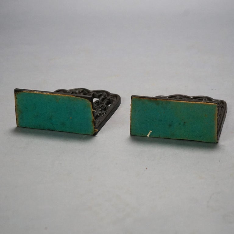Pair of Chinese Cast Bronze Bookends with Figures & Bamboo, C1920
