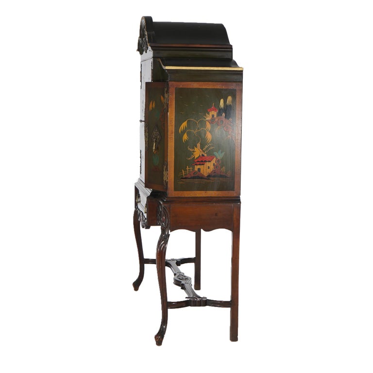 Antique French Style Carved Mahogany Polychromed Chinoiserie Decorated
