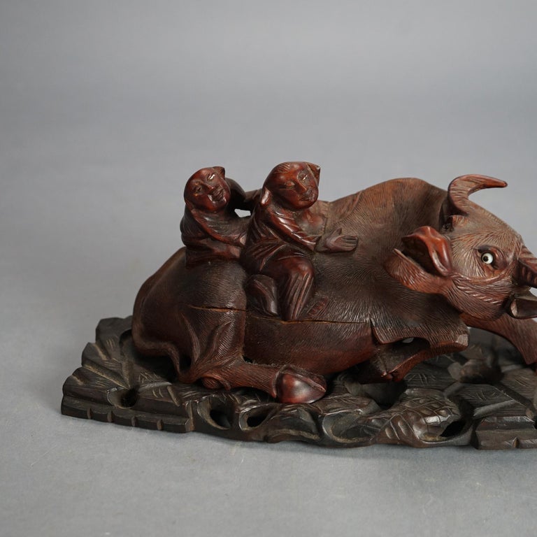 Antique Chinese Carved Wood Sculpture of Water Buffalo with Figures C1920