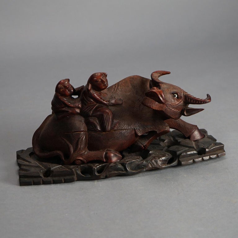 Antique Chinese Carved Wood Sculpture of Water Buffalo with Figures C1920