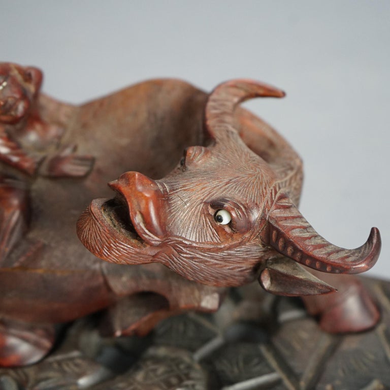 Antique Chinese Carved Wood Sculpture of Water Buffalo with Figures C1920