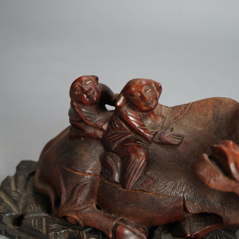 Antique Chinese Carved Wood Sculpture of Water Buffalo with Figures C1920