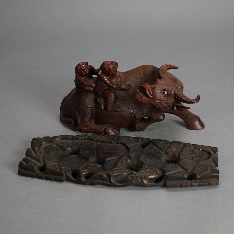 Antique Chinese Carved Wood Sculpture of Water Buffalo with Figures C1920