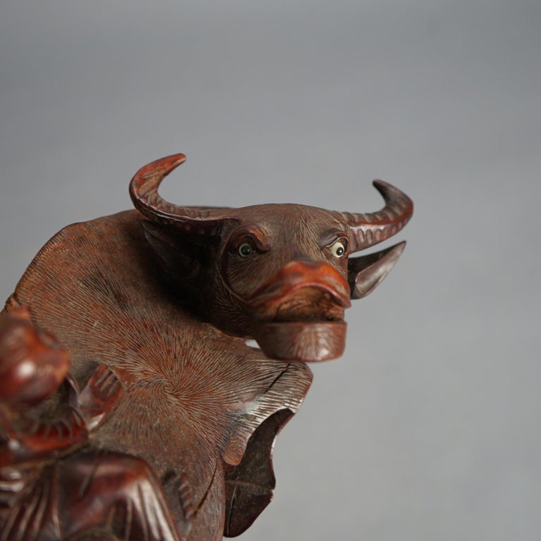 Antique Chinese Carved Wood Sculpture of Water Buffalo with Figures C1920