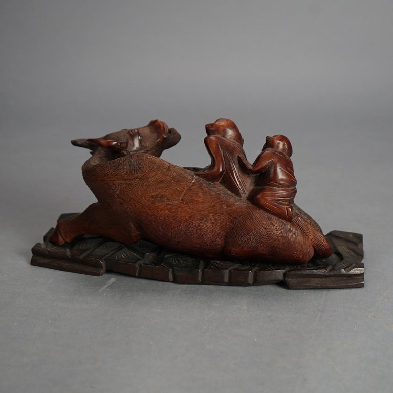 Antique Chinese Carved Wood Sculpture of Water Buffalo with Figures C1920