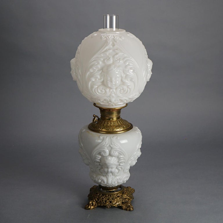 Antique Blanc De Chine Brass & Bronze Cupid Oil Lamp with Blown Out Glass c1900