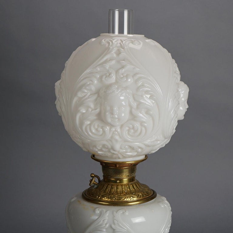 Antique Blanc De Chine Brass & Bronze Cupid Oil Lamp with Blown Out Glass c1900