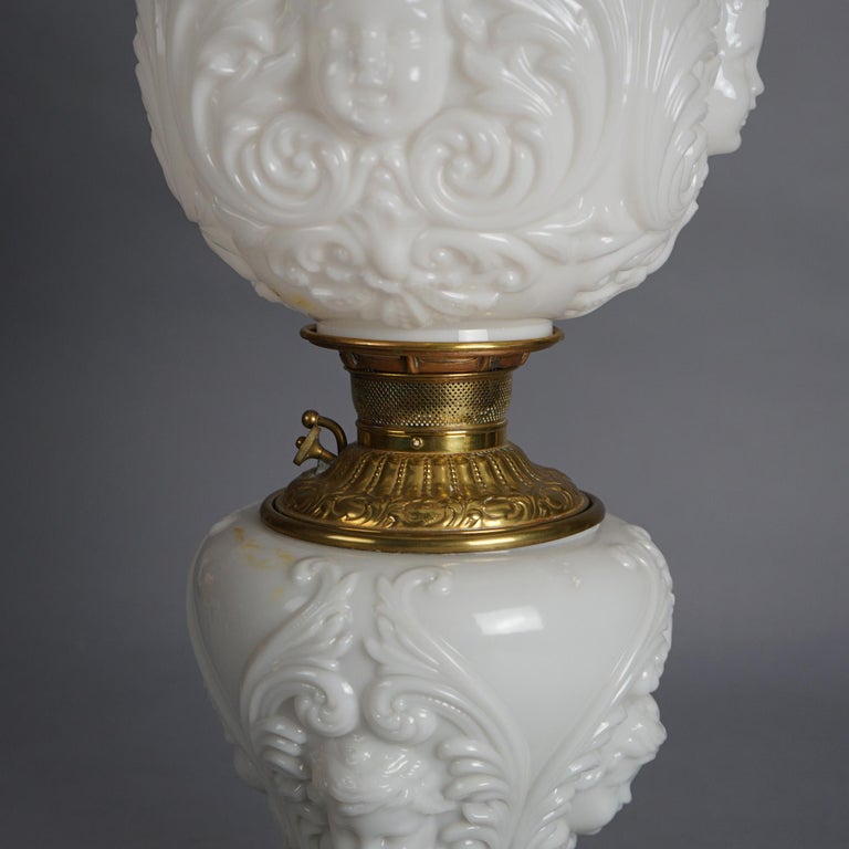 Antique Blanc De Chine Brass & Bronze Cupid Oil Lamp with Blown Out Glass c1900