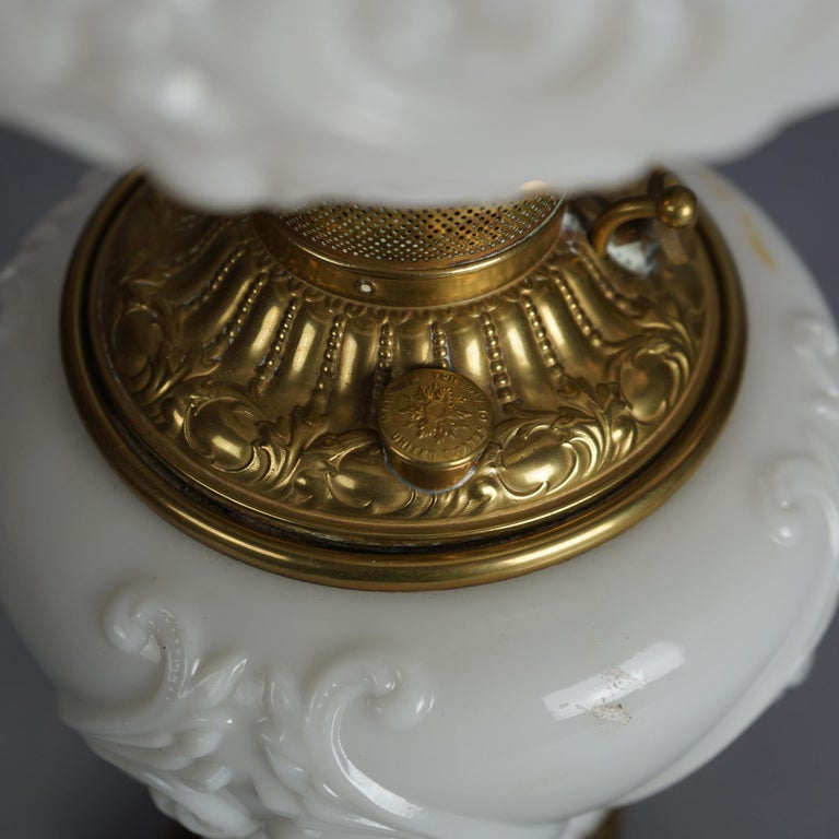Antique Blanc De Chine Brass & Bronze Cupid Oil Lamp with Blown Out Glass c1900