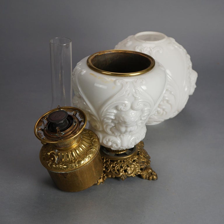 Antique Blanc De Chine Brass & Bronze Cupid Oil Lamp with Blown Out Glass c1900