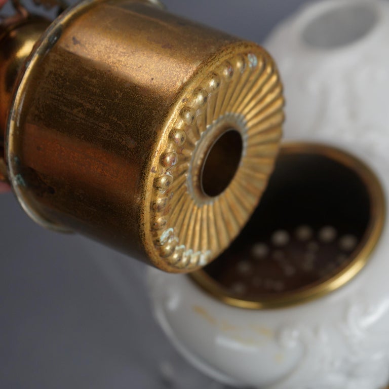 Antique Blanc De Chine Brass & Bronze Cupid Oil Lamp with Blown Out Glass c1900