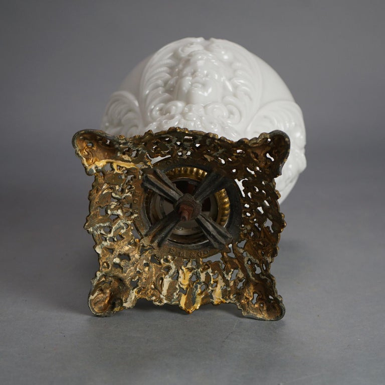 Antique Blanc De Chine Brass & Bronze Cupid Oil Lamp with Blown Out Glass c1900