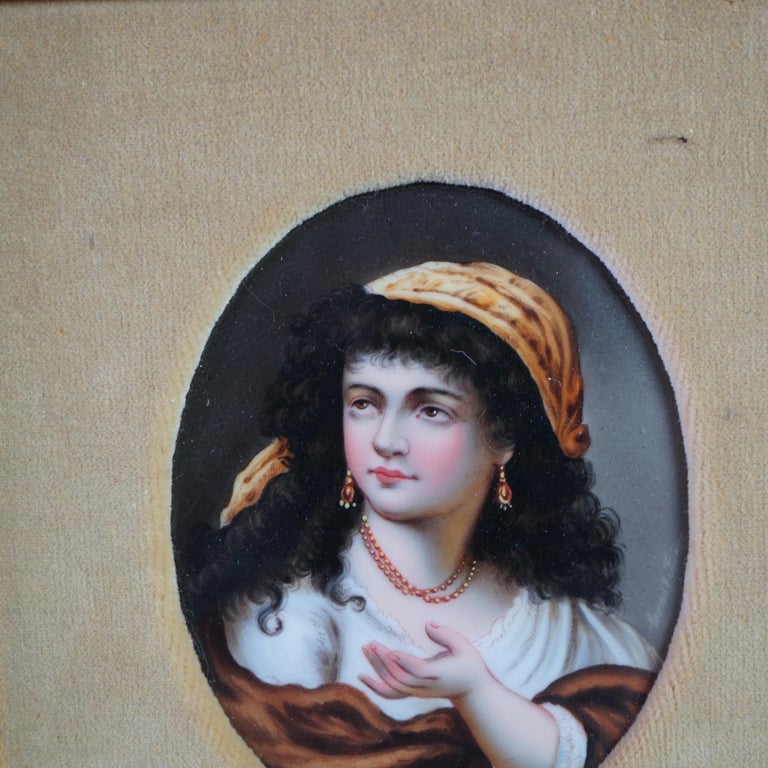 Antique KPM School Portrait Painting on Porcelain of Gypsy Girl Late 19th C