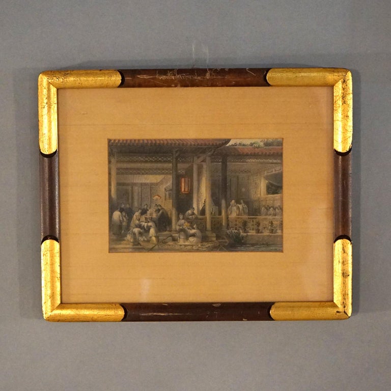 Pair of Antique Chinese Prints, Genre & Lake Scenes, Framed, C1920