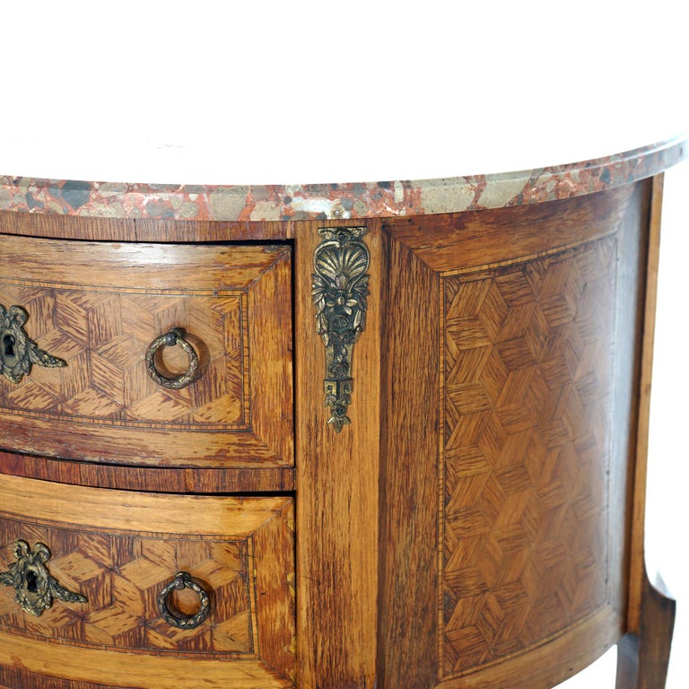 AntiqueFrench Demilune Kingwood, Satinwood & Spécimen Marble Side Table c1920