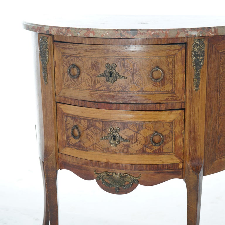 AntiqueFrench Demilune Kingwood, Satinwood & Spécimen Marble Side Table c1920